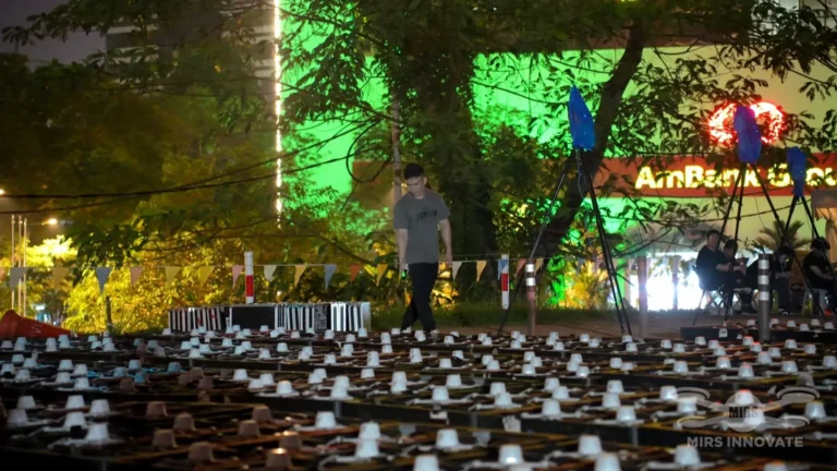 MIRS crew checking a drone launch grid in Kuala Lumpur before a Malaysia drone show