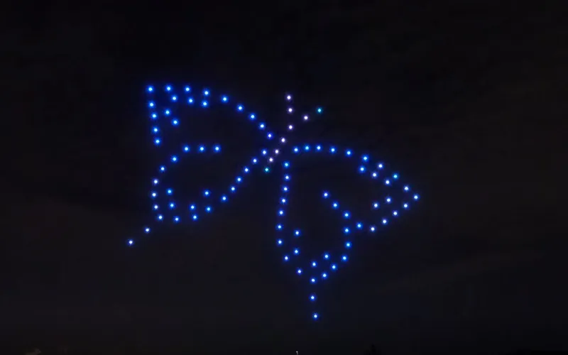 A complex 3D butterfly formation demonstrating fluid aerial animation and swarm stability - 100 Drones | MIRS Drone Show