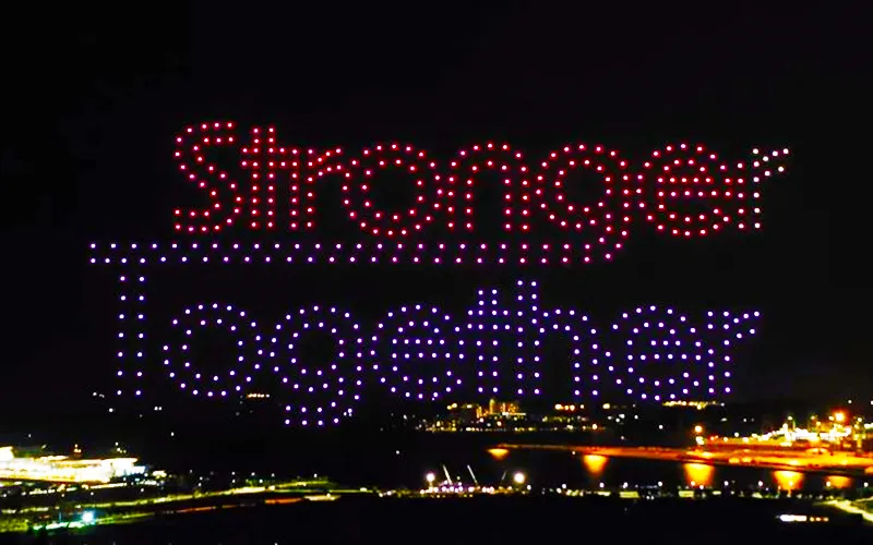 'Stronger Together' aerial text formation on 2022 Singapore National Day Drone Light Show — 500 Drones | MIRS Drone Show