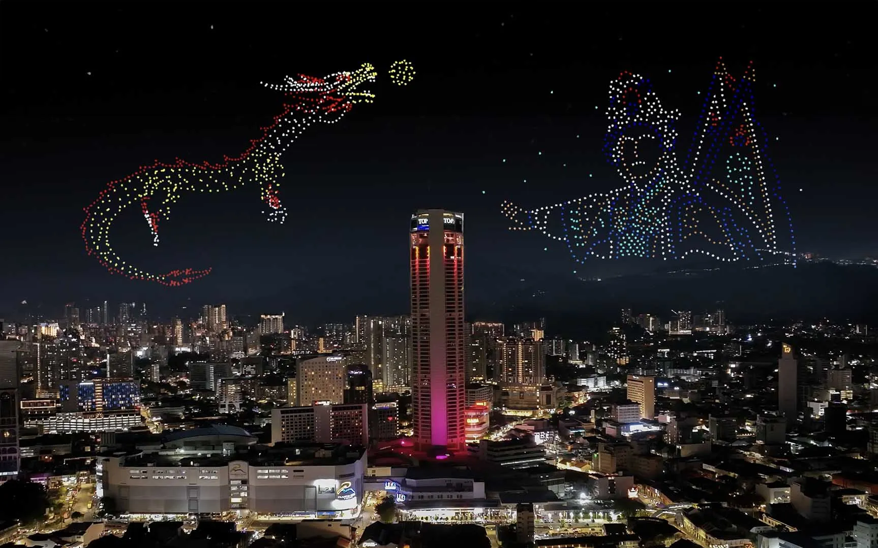 Cultural heritage storytelling by MIRS Drone Show featuring a traditional emperor and dragon formation at Penang, Malaysia