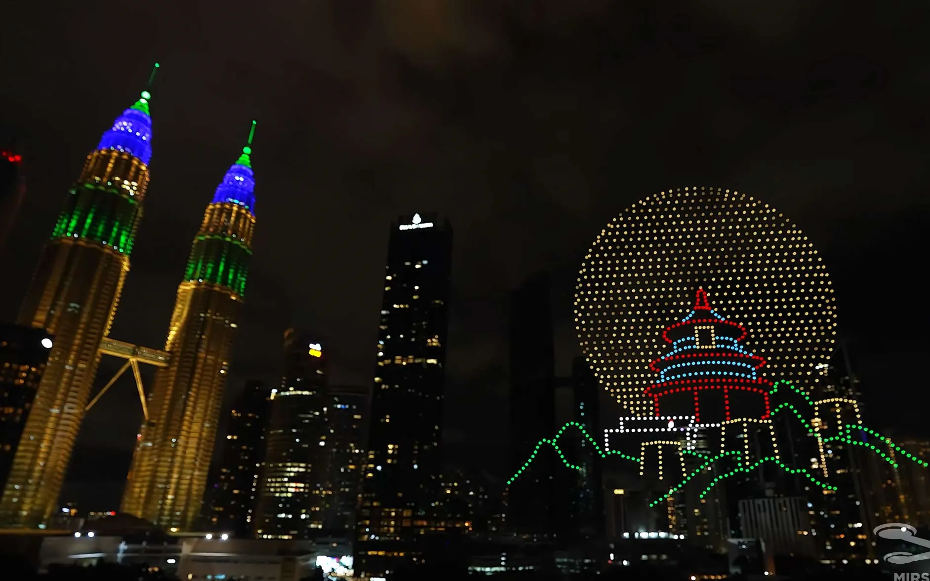 MIRS Drone Show performing a complex cultural and landmark formation over the Kuala Lumpur skyline for Lunar New Year