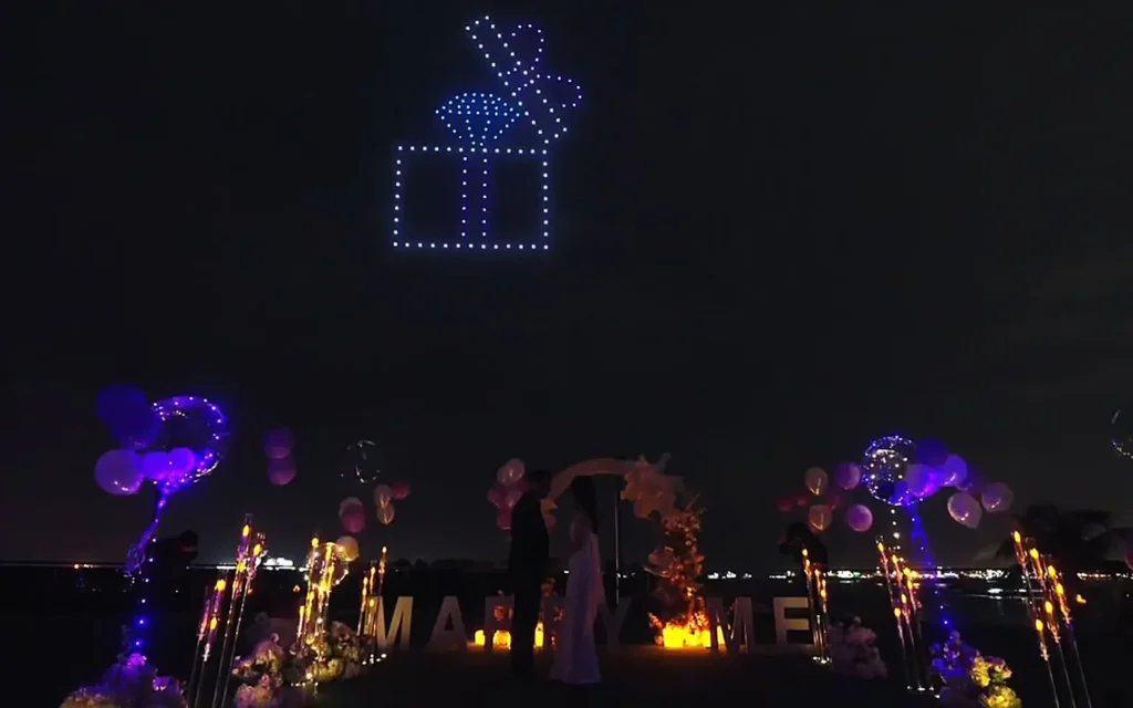 Gift box animation at a wedding proposal drone show, Gardens by the Bay, Singapore — 150 drones