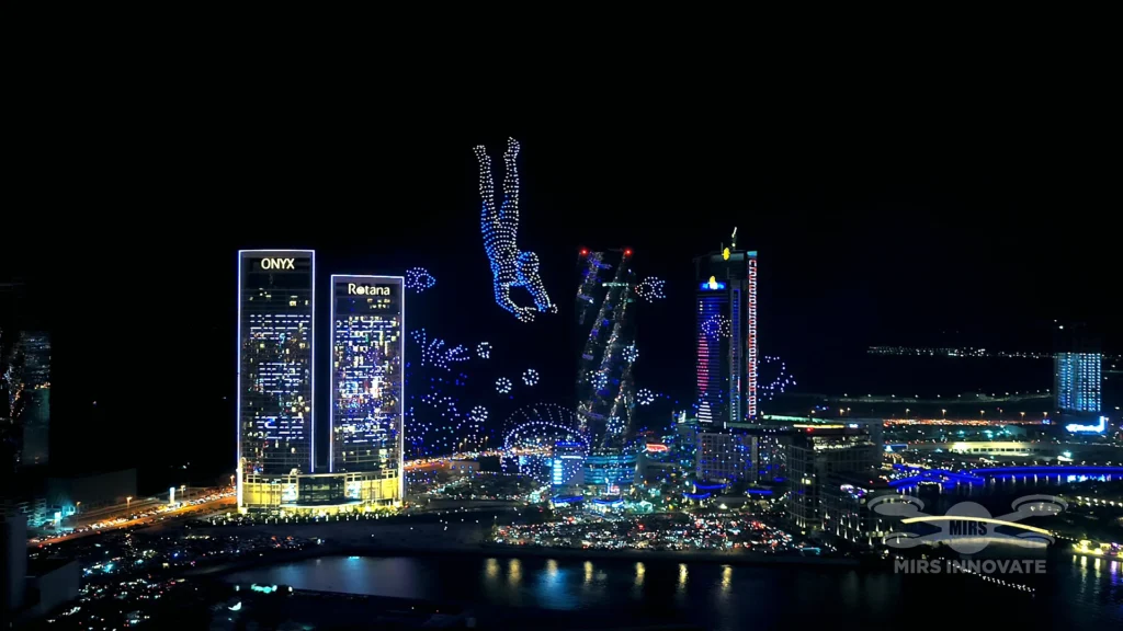 Human figure drone formation at a New Year 2026 drone light show over Bahrain Bay