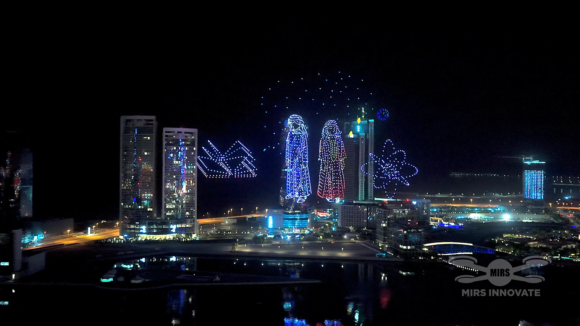 Traditional Bahraini figure drone formation illuminated over Bahrain Bay skyline New Year 2026
