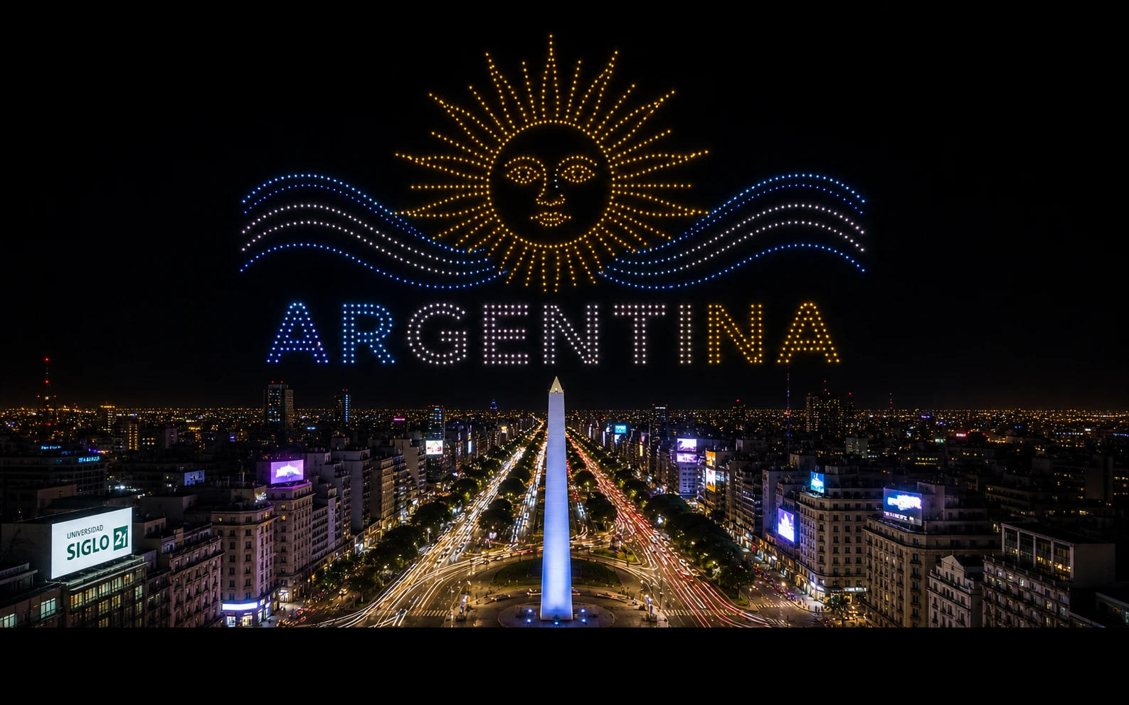 MIRS drone light show Argentina — crescent formation above Buenos Aires skyline at night