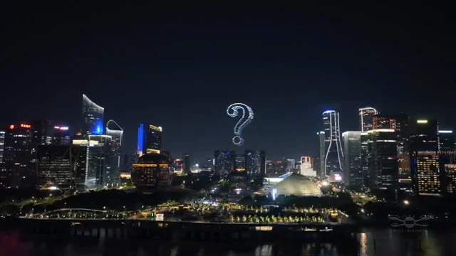 300-drone question mark formation against Sydney night skyline — Socrates app launch drone light show, Sydney, Australia