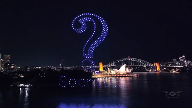 Socrates logo formation with Sydney Harbour Bridge backdrop — Socrates drone light show, Sydney Harbour, Australia