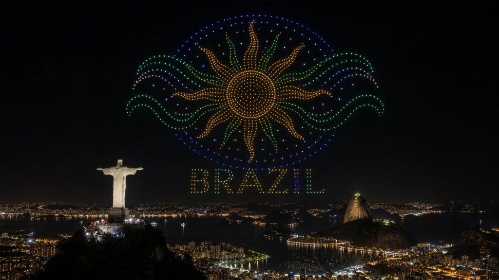 MIRS drone light show Brazil — crescent formation above Sao Paulo skyline at night