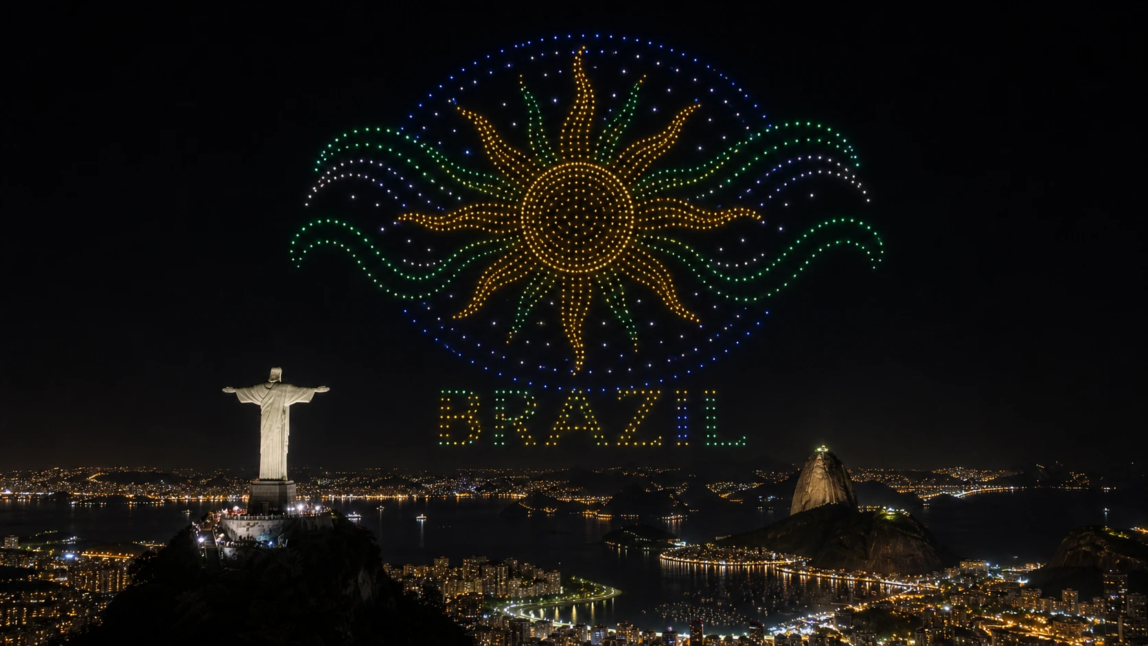 MIRS drone light show Brazil — crescent formation above Sao Paulo skyline at night