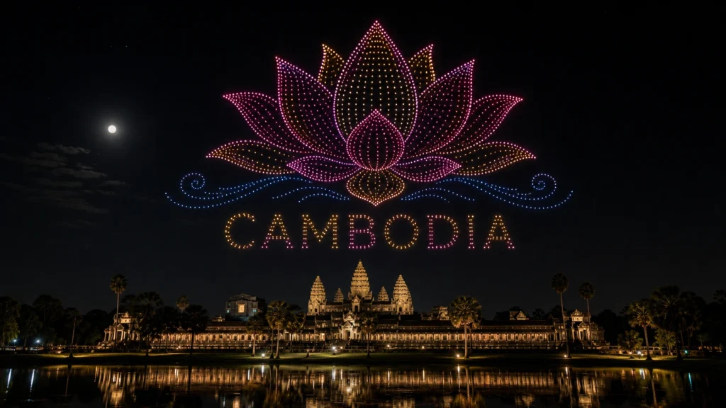 MIRS drone light show Cambodia — crescent formation above Phnom Penh skyline at night