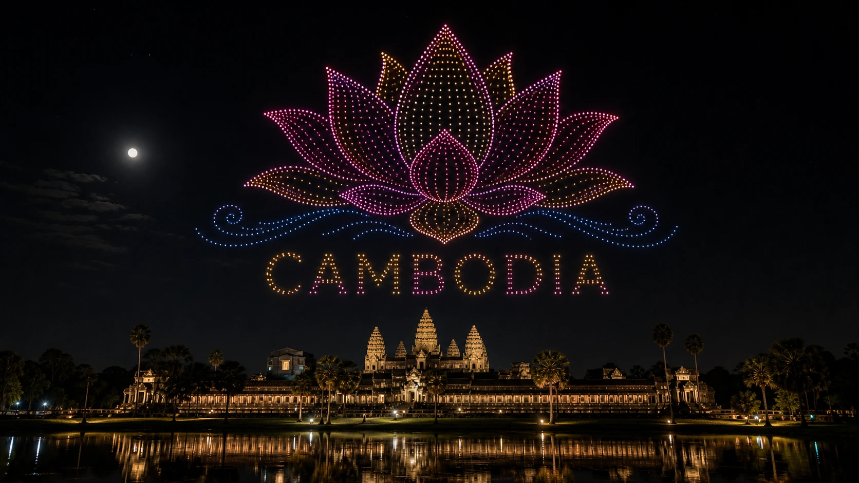 MIRS drone light show Cambodia — crescent formation above Phnom Penh skyline at night
