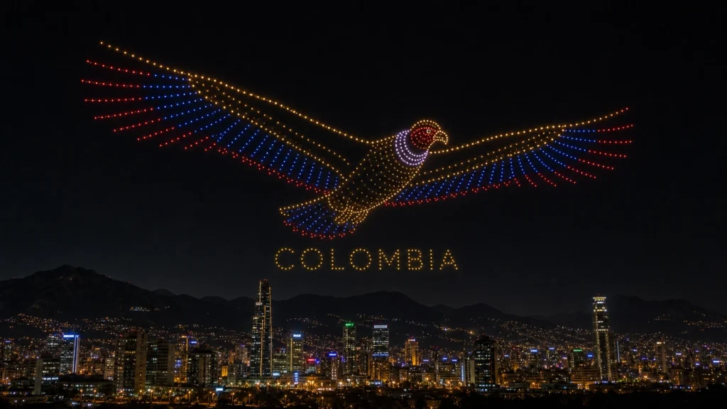 MIRS drone light show Colombia — crescent formation above Bogota skyline at night