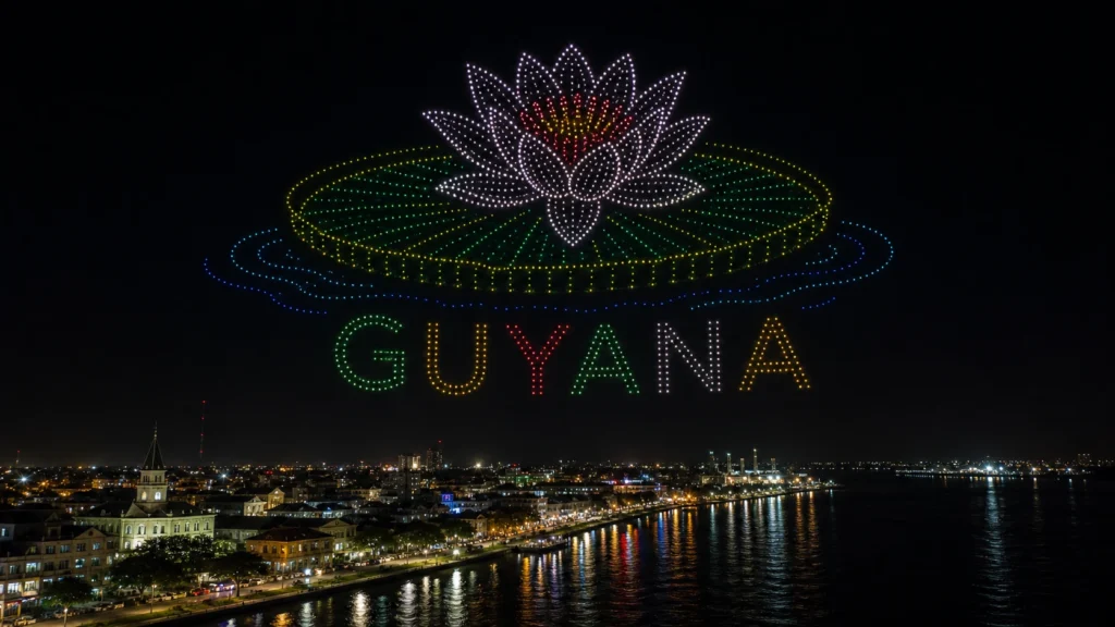 MIRS drone light show Guyana — crescent formation above Georgetown skyline at night