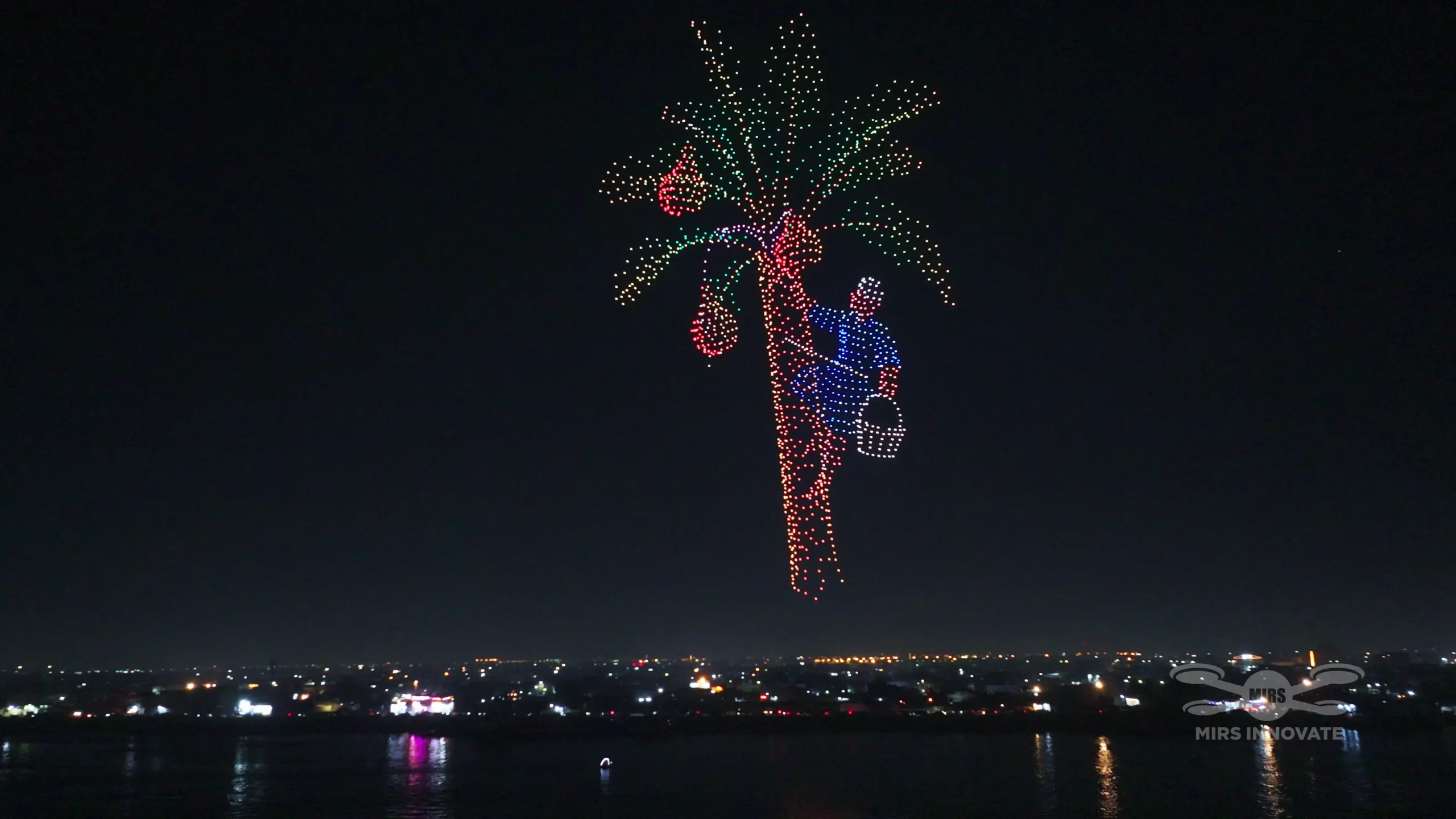 Date palm tree formation at a government celebration drone light show in Basra, Iraq — 2,000 drones