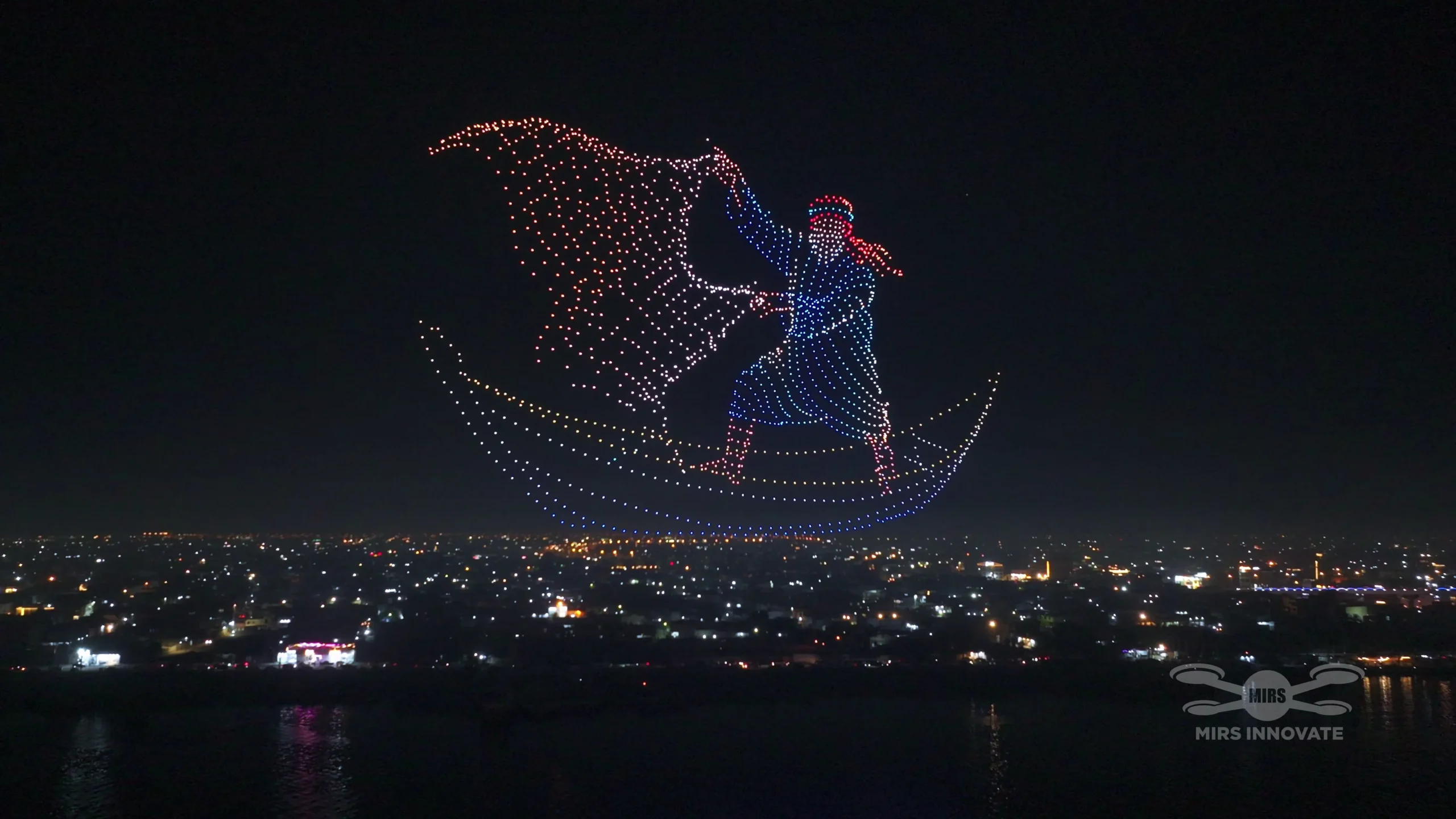 Sinbad the sailor formation at a government celebration drone light show in Basra, Iraq — 2,000 drones