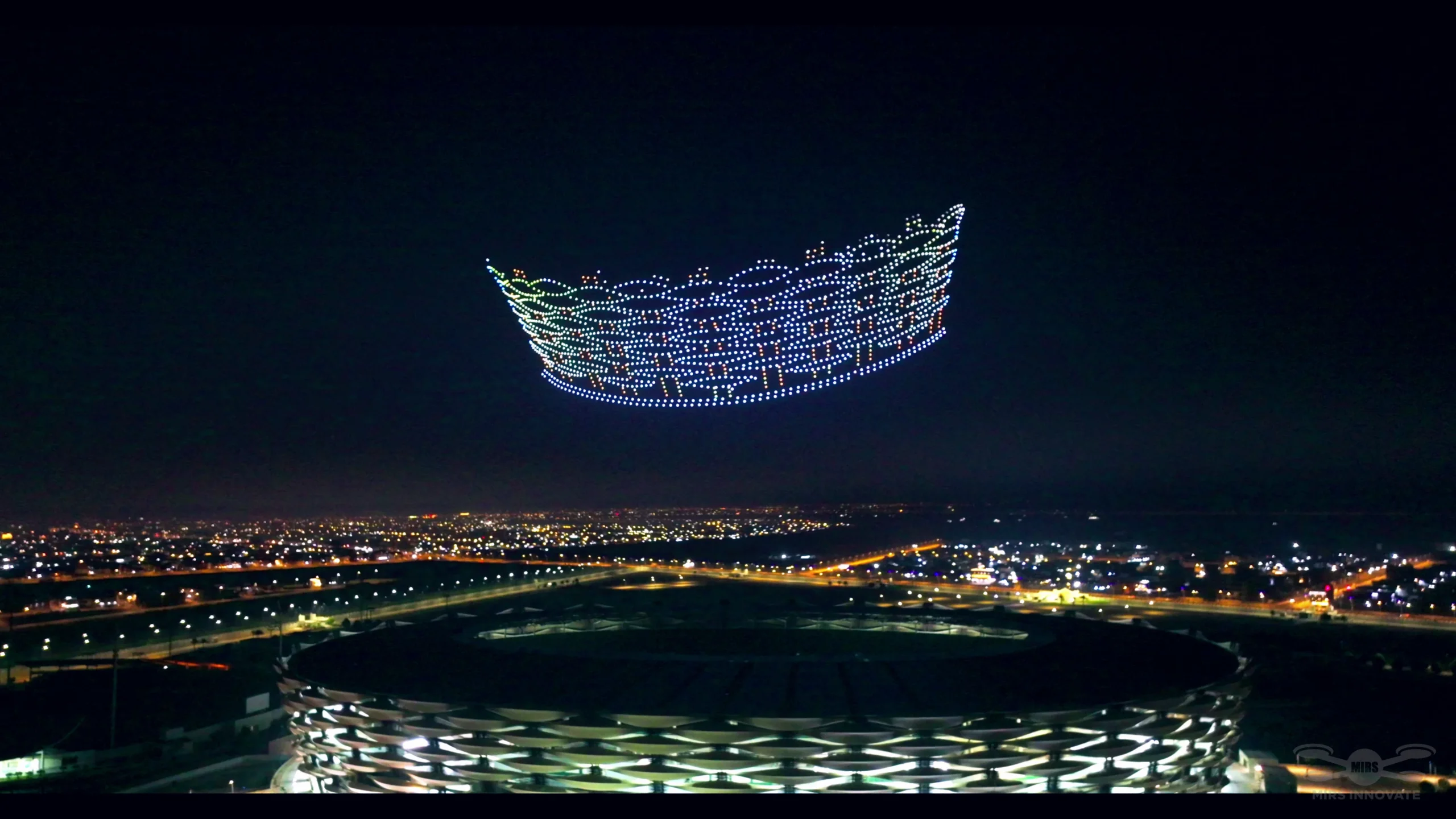 Traditional Iraqi boat formation at a government celebration drone light show above Basra Stadium, Iraq — 2,000 drones
