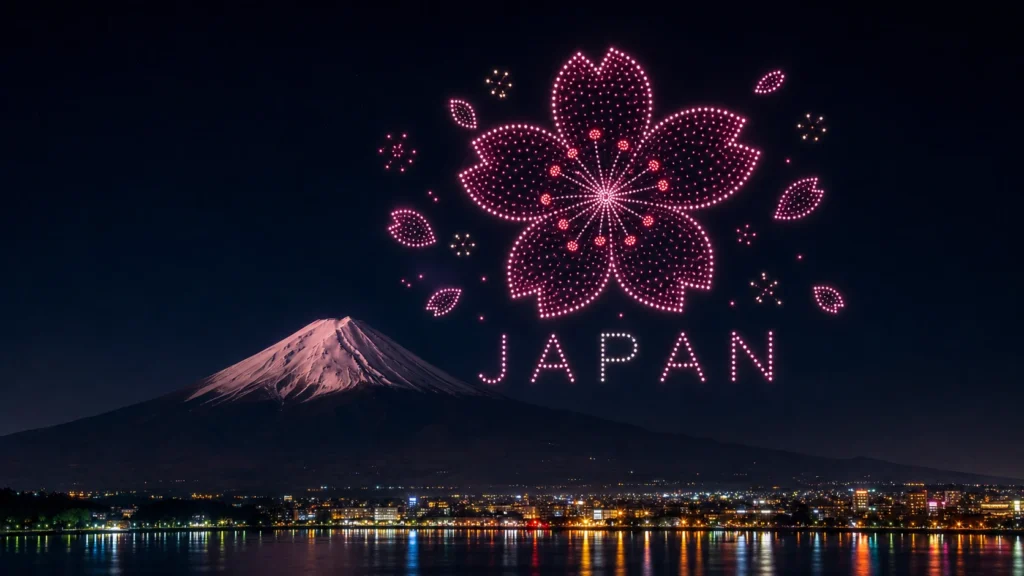MIRS drone light show Japan — crescent formation above Tokyo skyline at night