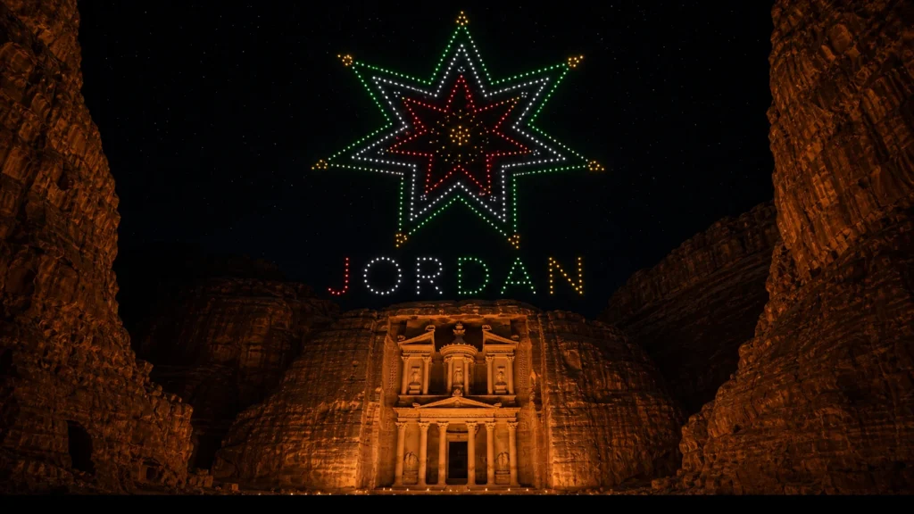 MIRS drone light show Jordan — crescent formation above Amman skyline at night