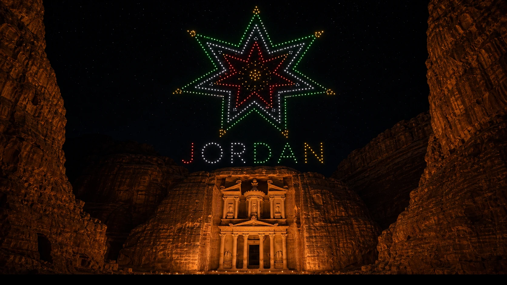 MIRS drone light show Jordan — crescent formation above Amman skyline at night