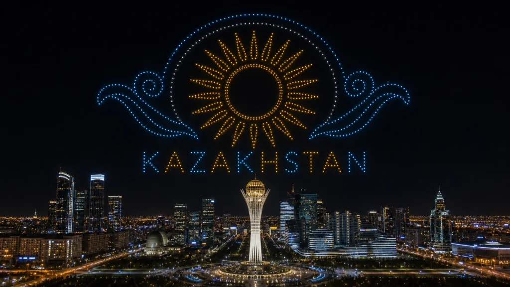 MIRS drone light show Kazakhstan — crescent formation above Almaty skyline at night