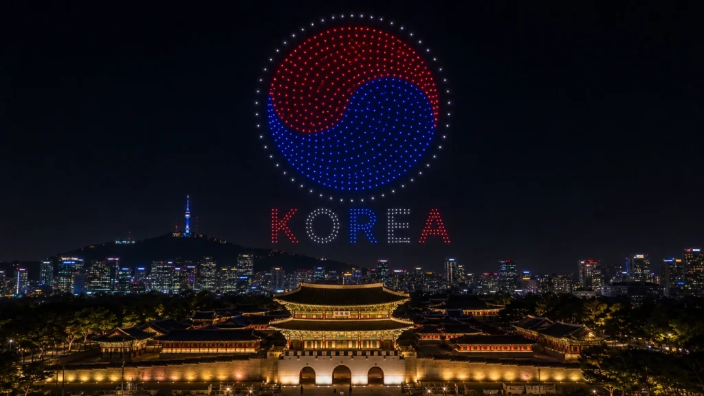MIRS drone light show South Korea — crescent formation above Seoul skyline at night