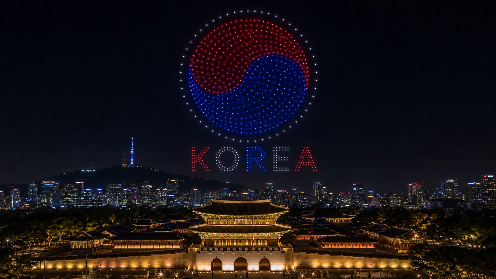 MIRS drone light show South Korea — crescent formation above Seoul skyline at night