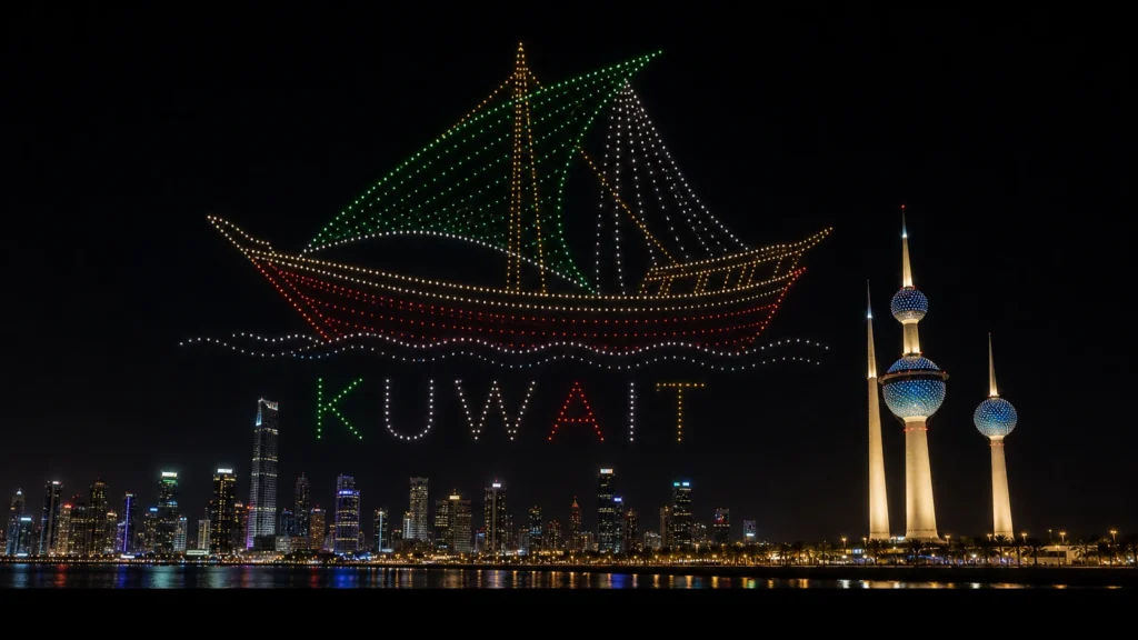 MIRS drone light show Kuwait — crescent formation above Kuwait City skyline at night