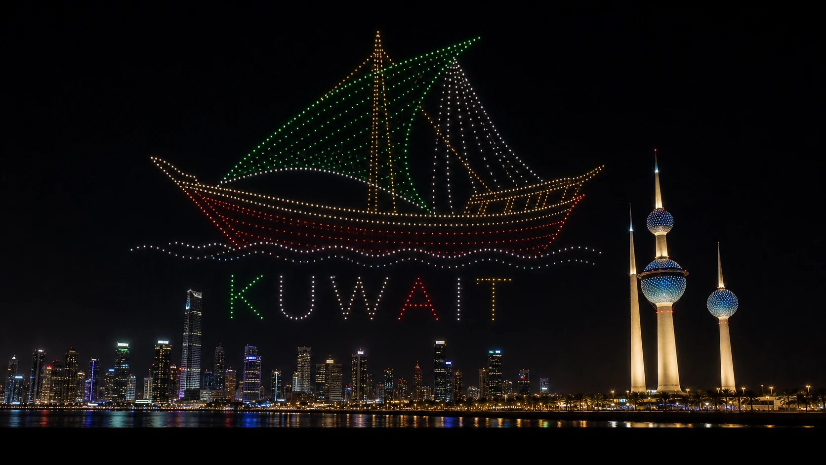 MIRS drone light show Kuwait — crescent formation above Kuwait City skyline at night