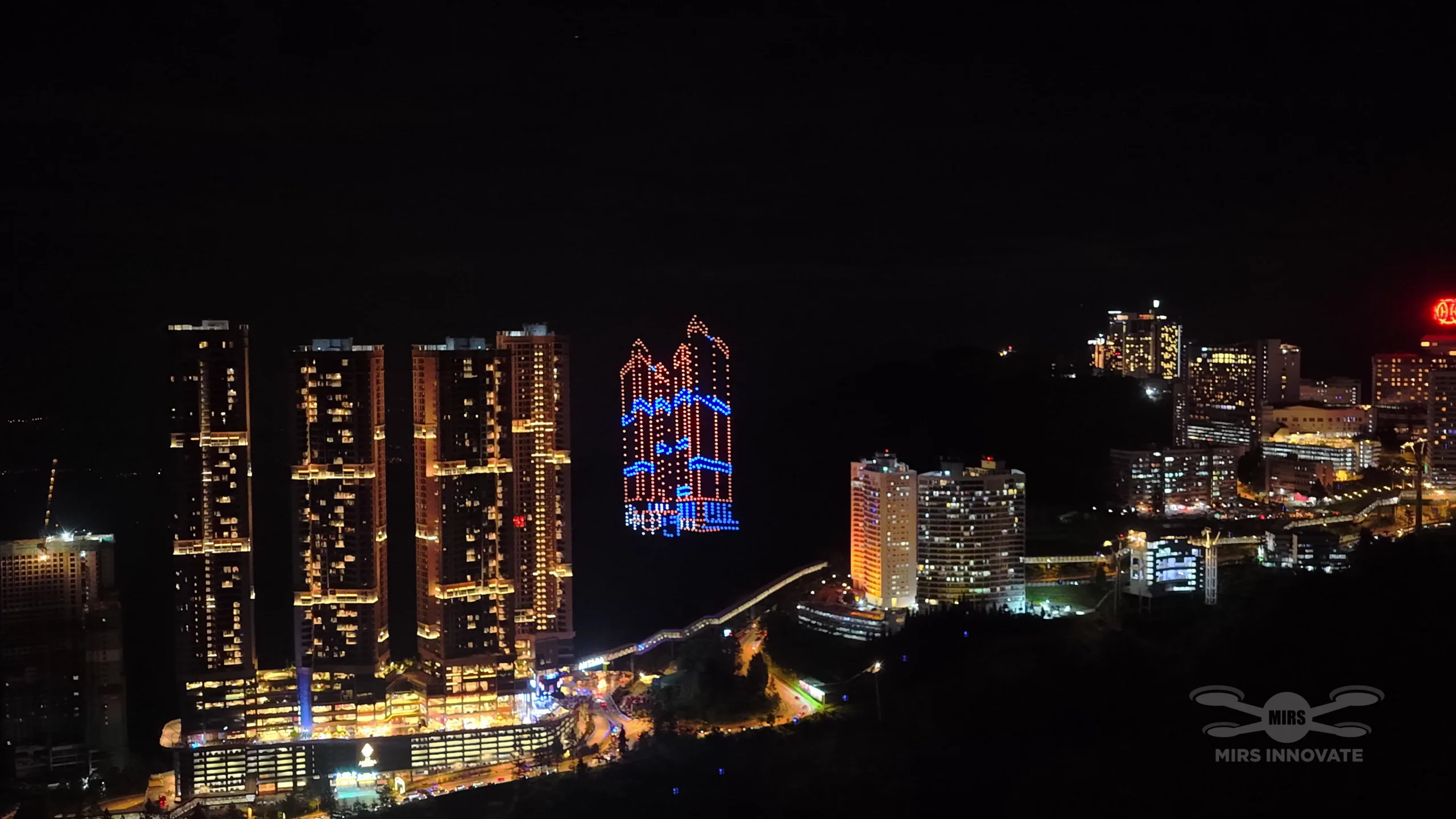 Antara Mall building drone formation aerial view, Genting Highlands grand launch Malaysia — 1,000 drones
