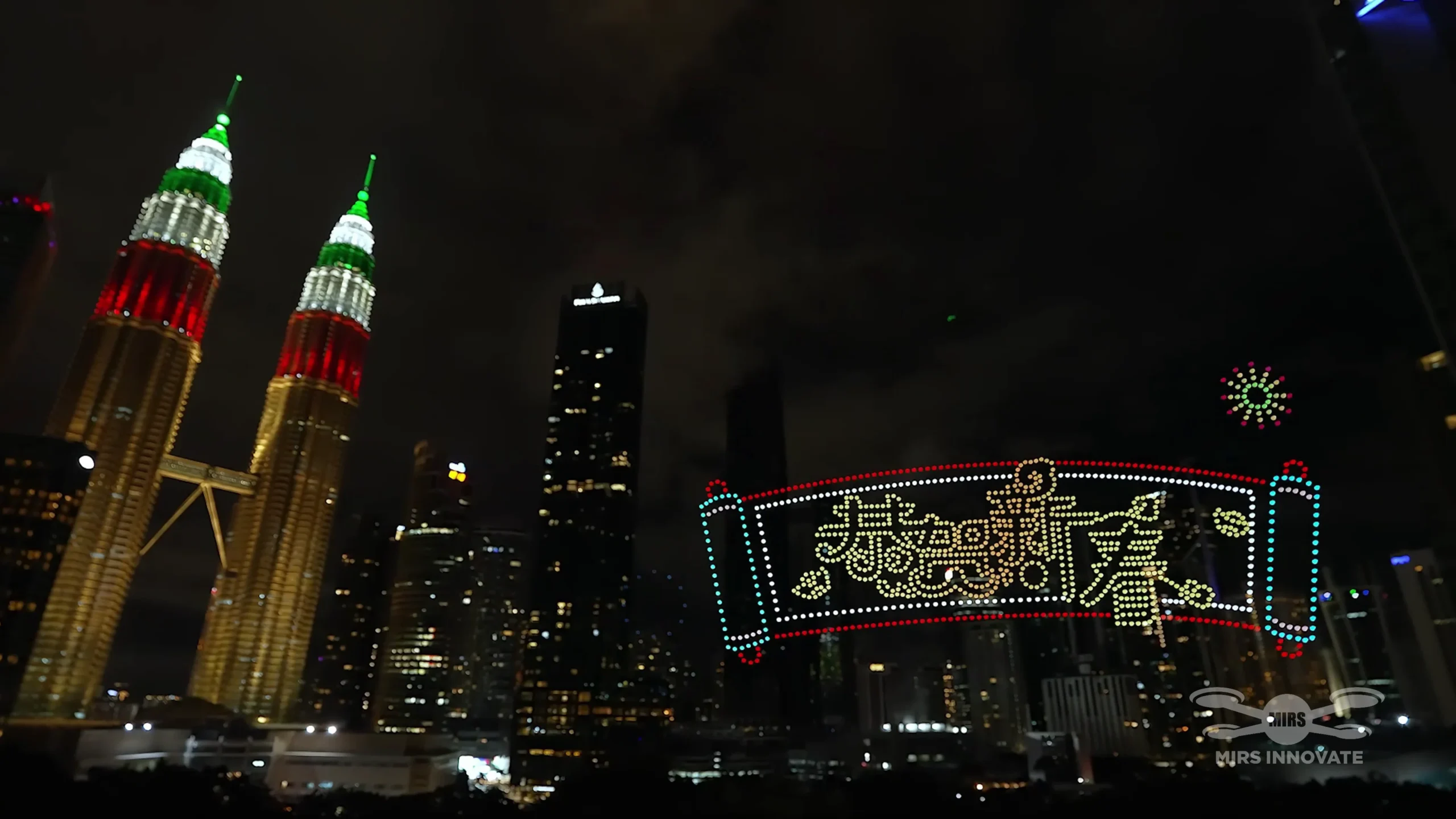 Chinese New Year scroll formation beside Petronas Twin Towers at the 2025 Kuala Lumpur drone light show