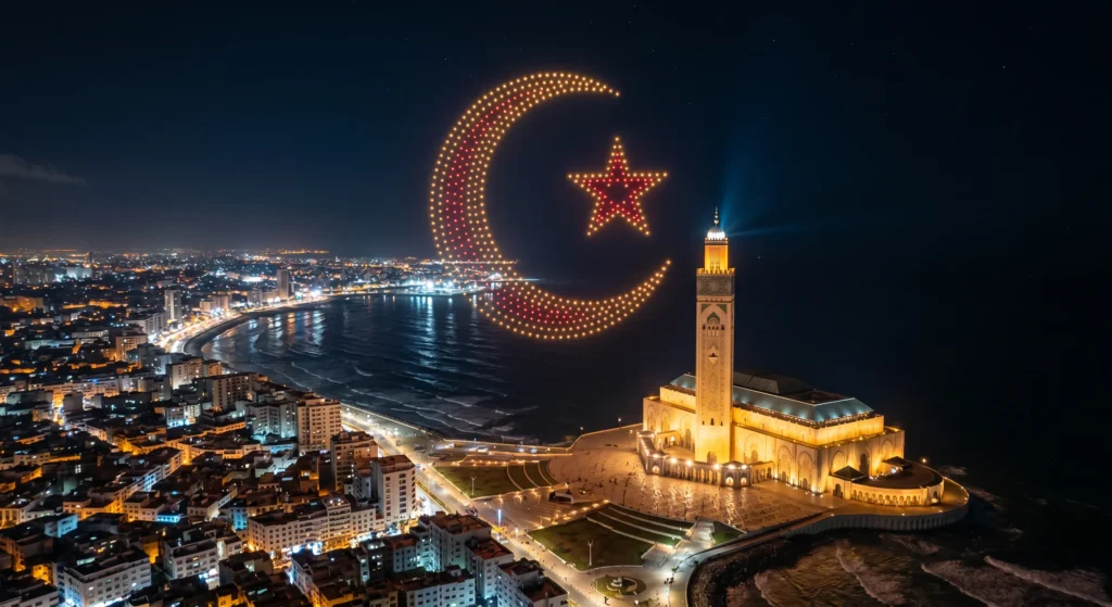 MIRS drone light show Morocco — crescent formation above Casablanca skyline at night
