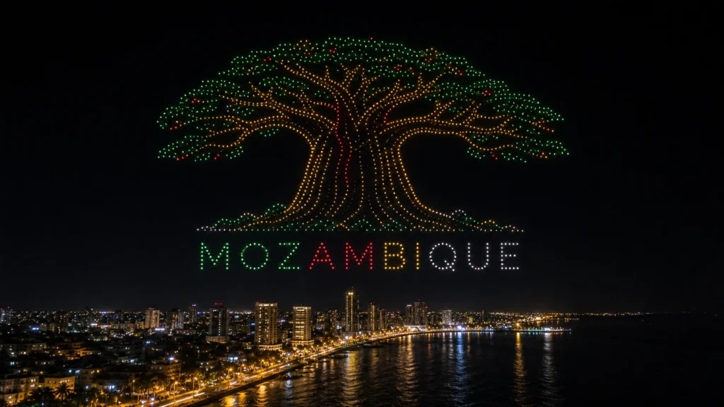 MIRS drone light show Mozambique — crescent formation above Maputo skyline at night