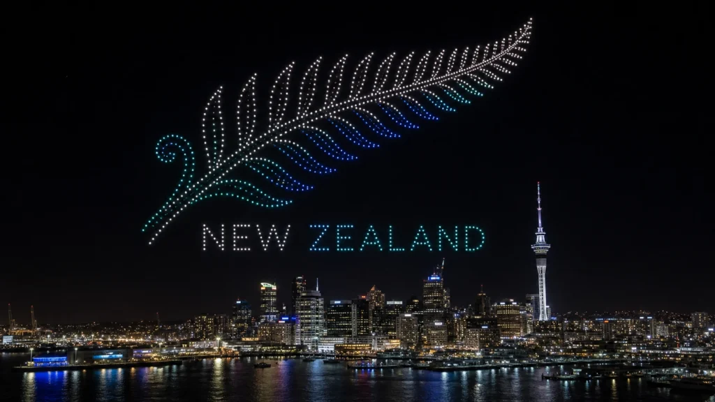 MIRS drone light show New Zealand — crescent formation above Auckland skyline at night