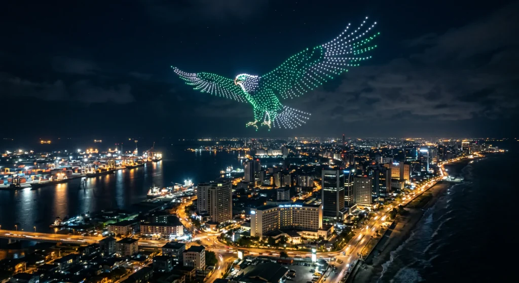 MIRS Drone Light Show performing over Lagos Nigeria skyline at night