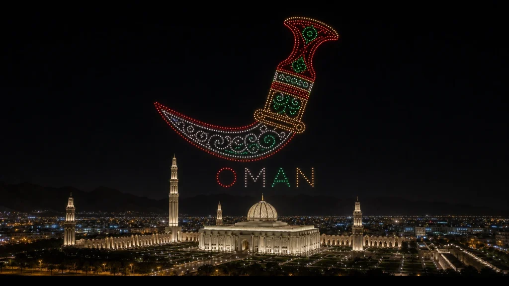 MIRS drone light show Oman — crescent formation above Muscat skyline at night