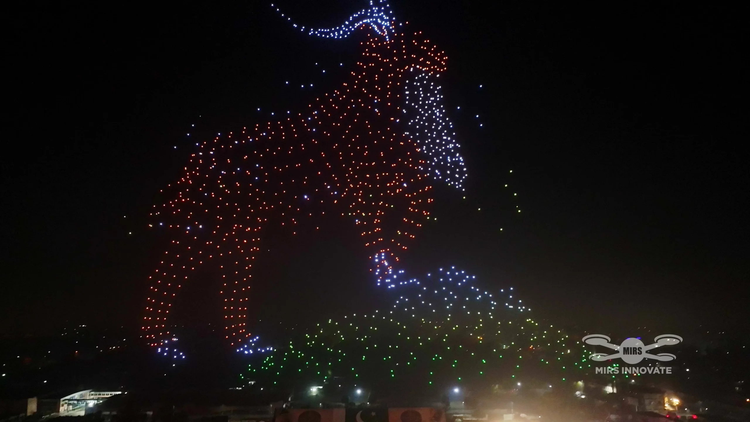 MIRS drone show forming a rearing horse silhouette at the closing ceremony of Pakistan's National Horse & Cattle Show 2025, Lahore