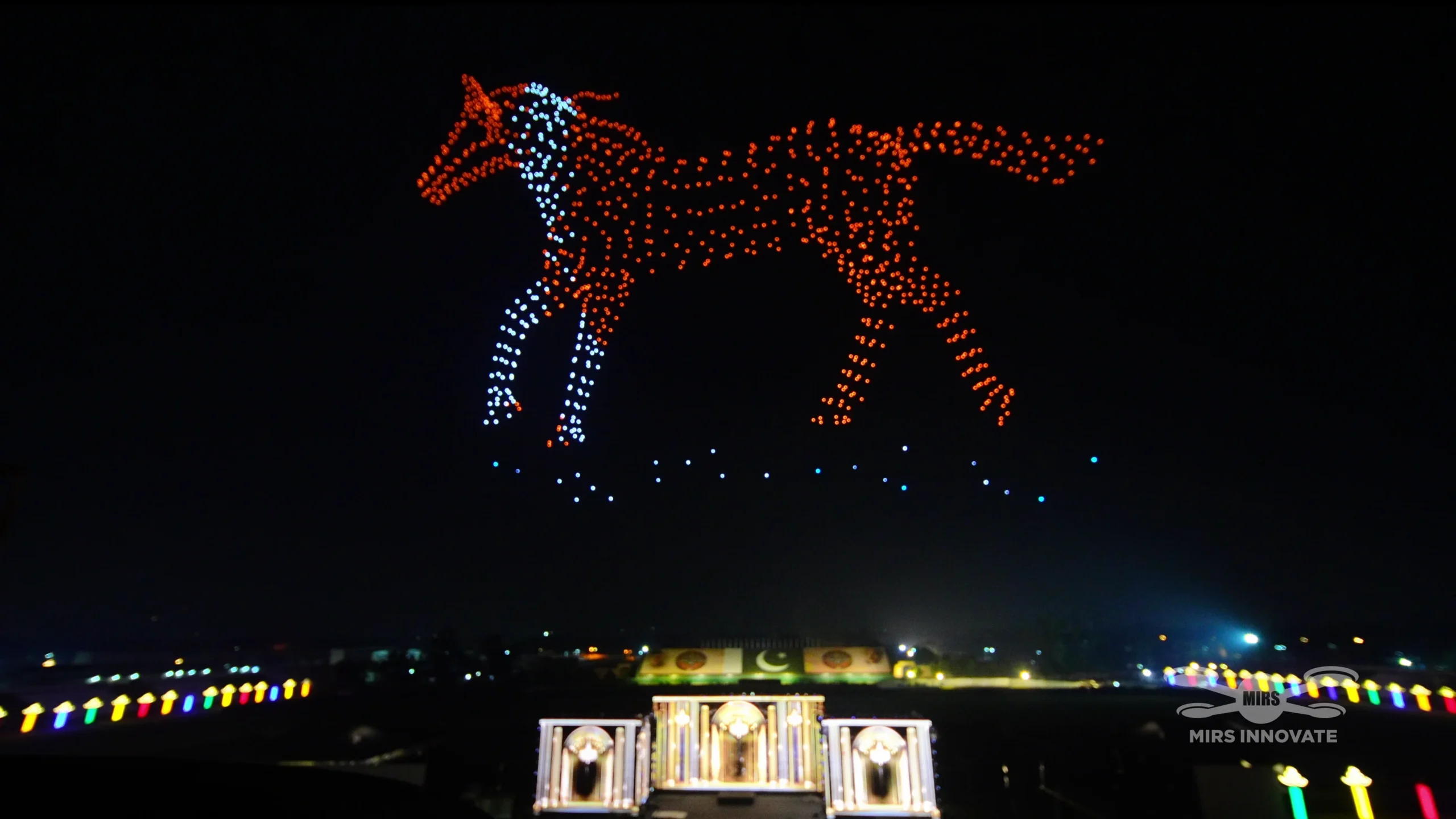 MIRS drone show forming Pakistan's crescent and star flag at the Horse & Cattle Show 2025 opening ceremony, Lahore