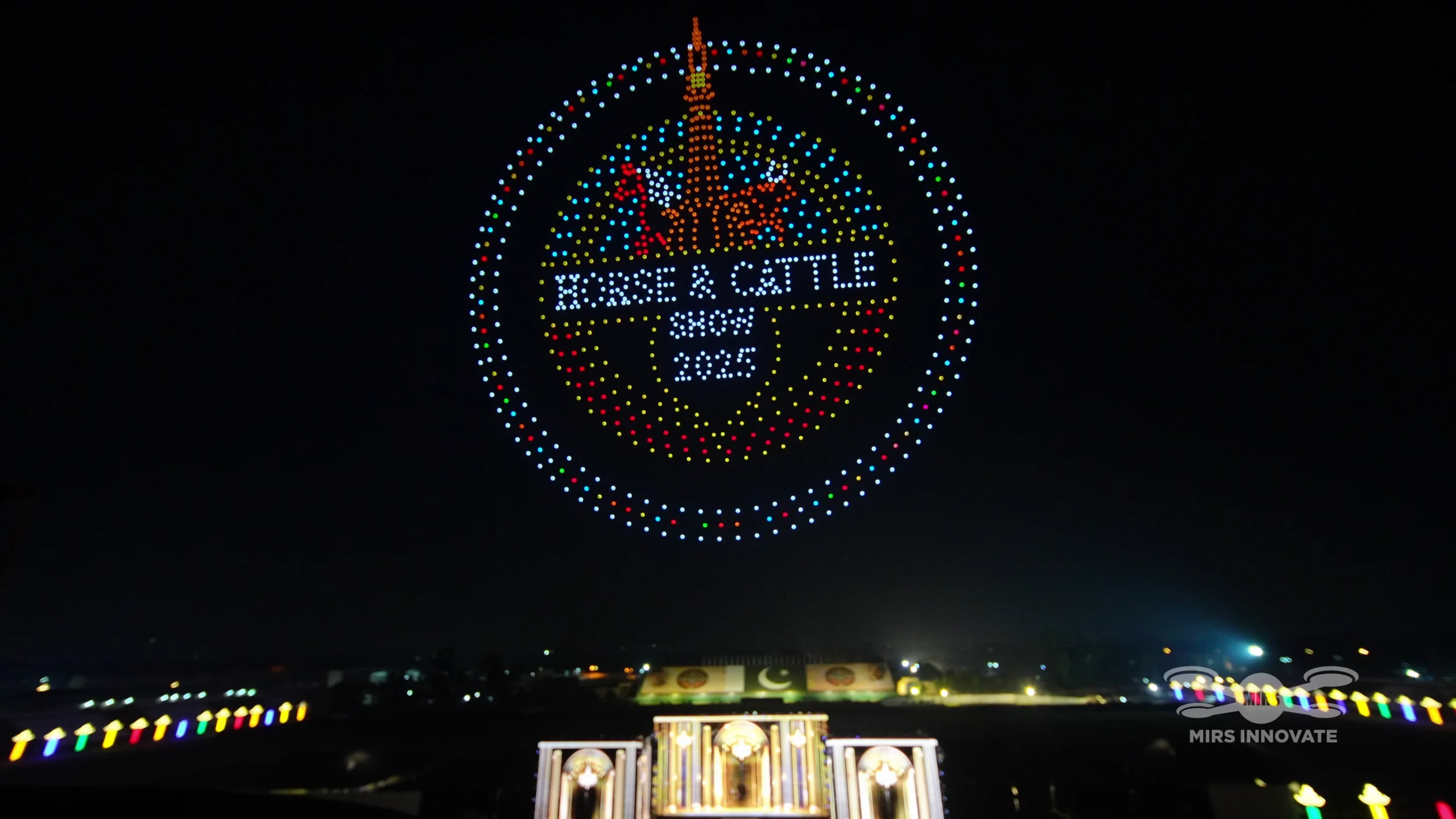 MIRS drone light show forming traditional Pakistani dancers at the Horse & Cattle Show 2025 opening ceremony, Fortress Stadium, Lahore