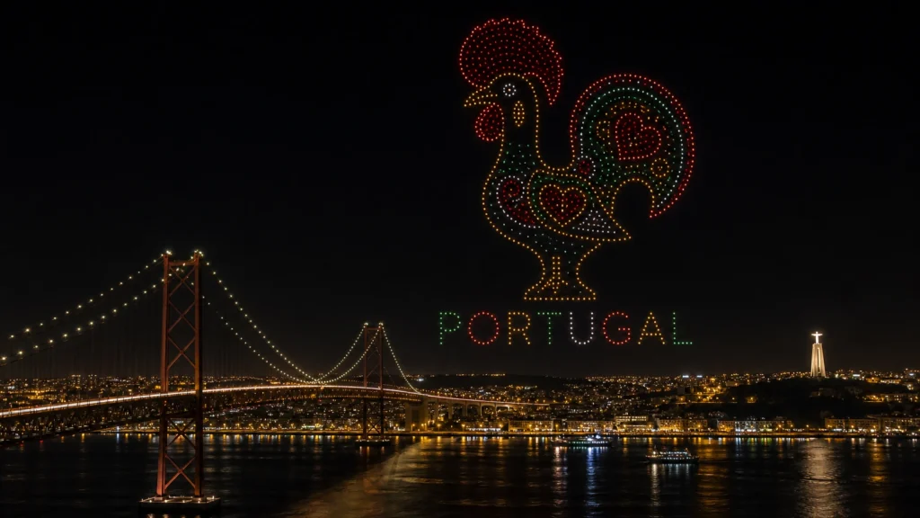 MIRS drone light show Portugal — crescent formation above Lisbon skyline at night