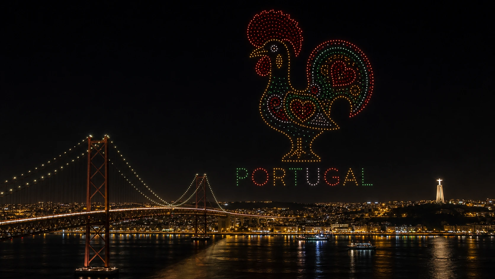 MIRS drone light show Portugal — crescent formation above Lisbon skyline at night