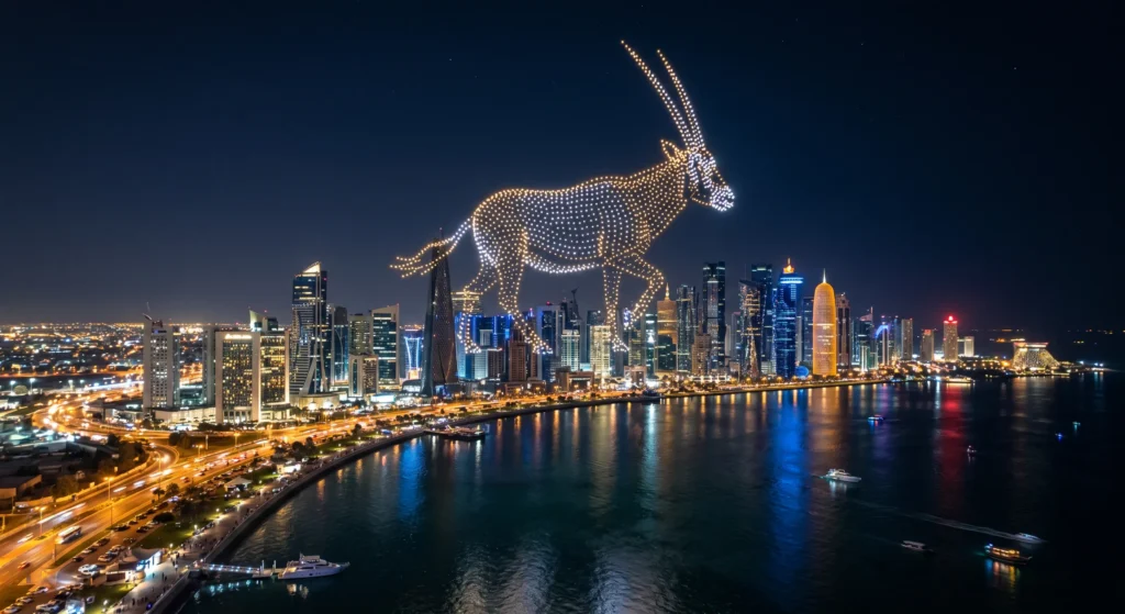 MIRS Drone Show aerial formation above the Doha skyline for Qatar National Day