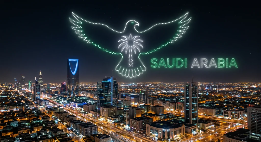 MIRS Drone Show falcon formation above the Riyadh skyline for Saudi National Day
