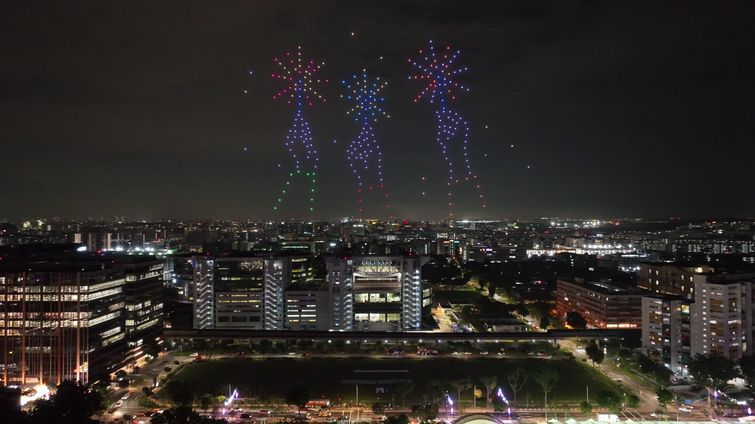 Drone sparkle formation above Geylang Serai during Bazaar Raya Singapore