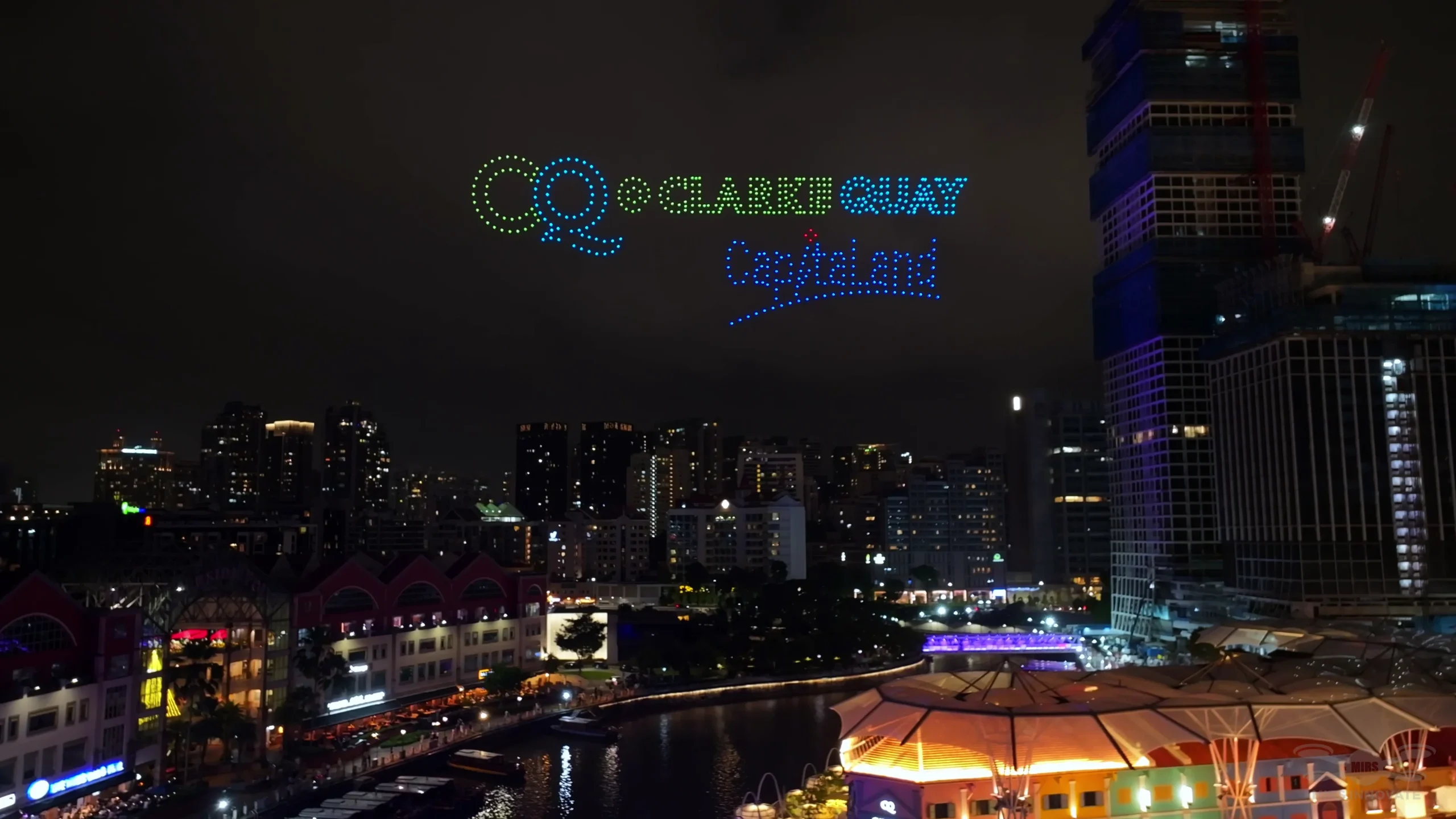 CQ Clarke Quay CapitaLand drone formation in Singapore