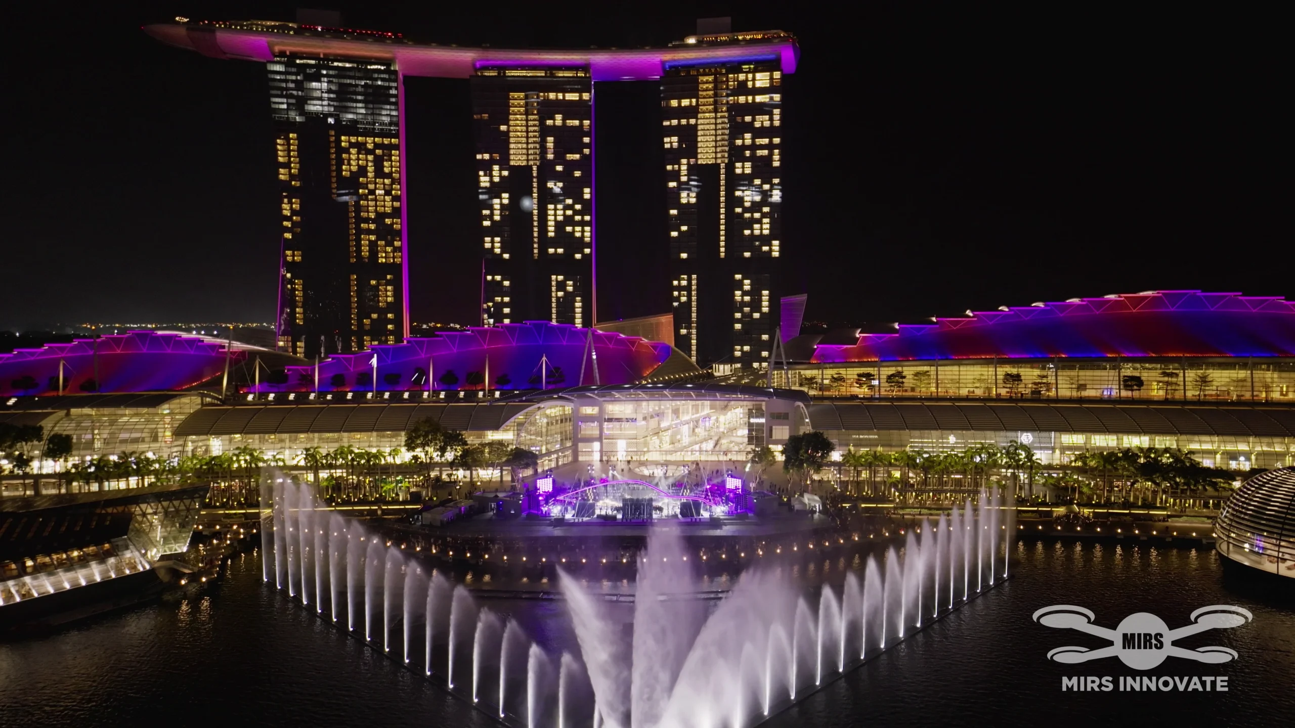 Marina Bay Sands Water Fountain Purple Aerial Night Porsche Launch Event Singapore