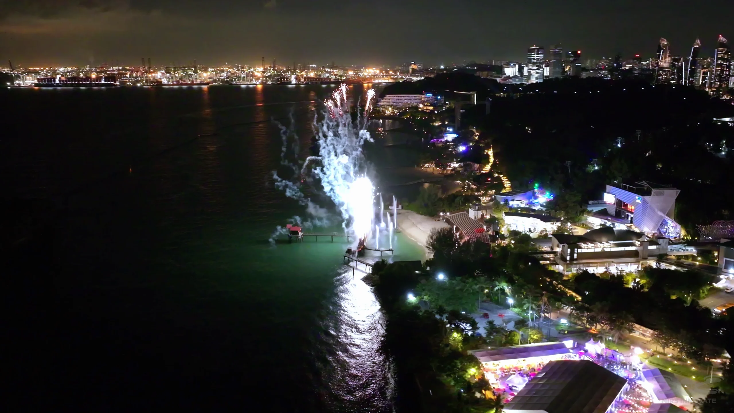 Fireworks-inspired aerial formation above Sentosa during the YuanYi 2025 drone show