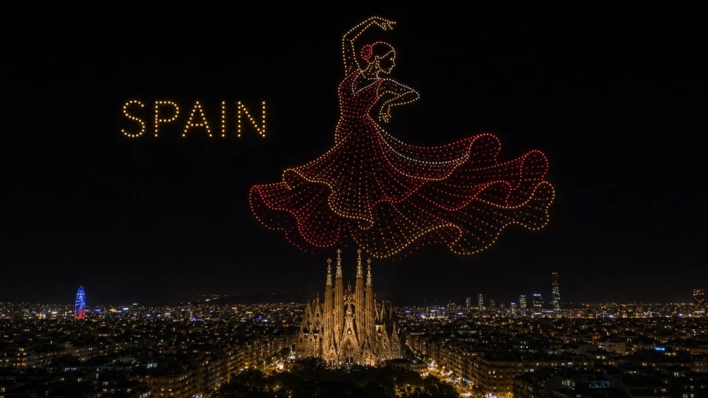 MIRS drone light show Spain — crescent formation above Madrid skyline at night