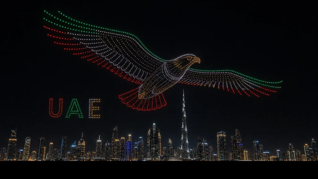 MIRS drone light show UAE — crescent formation above Dubai skyline at night