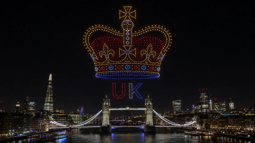 MIRS drone light show United Kingdom — crescent formation above London skyline at night