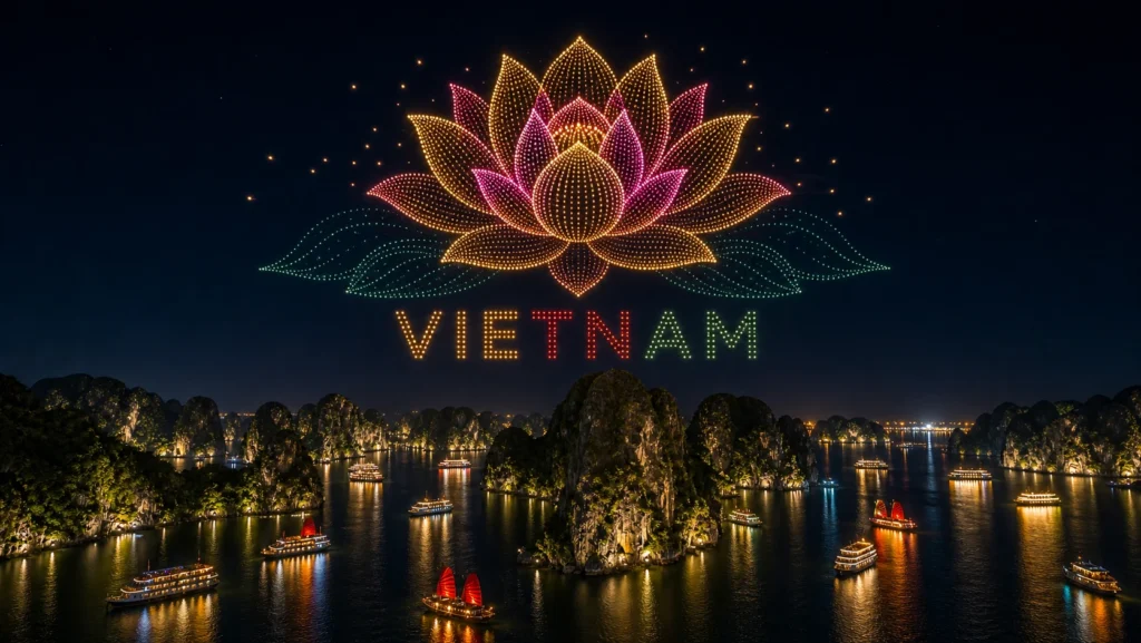 MIRS drone light show Vietnam — crescent formation above Ho Chi Minh City skyline at night